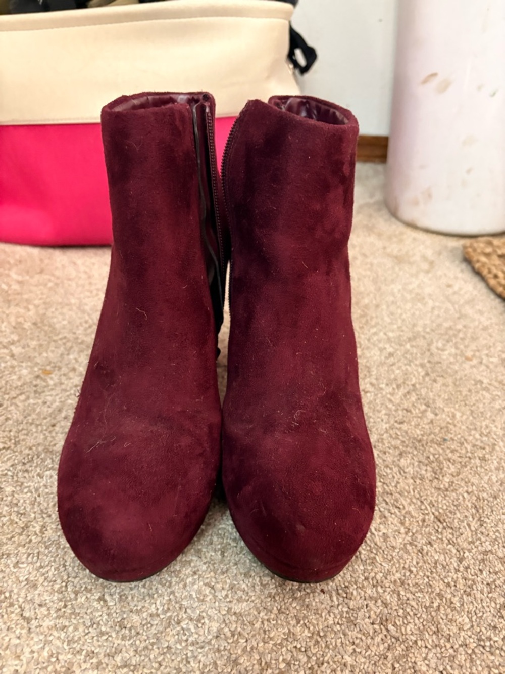 Suede Ankle Booties in Burgundy - Women's Stylish Zip Boot